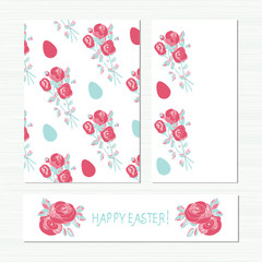 Template. Roses and eggs on a white background. Easter card.