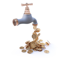 Dripping tap with drop of gold coins