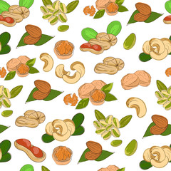 Nuts. Background, wallpaper, texture. Seamless. Pistachios, walnuts, cashews, almonds. Sketch