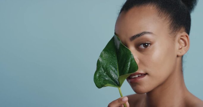 portrait beautiful african american woman touching face with leaf caressing smooth healthy skin complexion enjoying playful natural beauty on blue background skincare concept