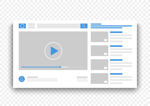 Browser video player blue interface window. Online movie on web site concept vector illustration.