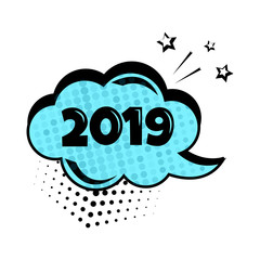 Blue comic bubble with word 2018. Comic sound effects in pop art style. Vector illustration.