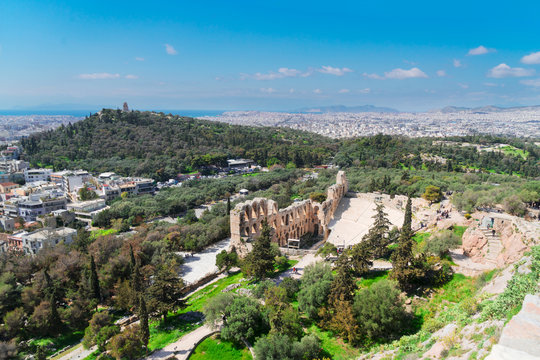 cityscape of Athens of Herodes Atticus amphitheater ruines of Acropolis, Athens, Greece