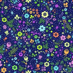 Seamless flower pattern. Vector forest design, childish style. Plant ornament, repeating floral background. Flowers set for fabric, wrapping paper, wallpaper, cover, print, decorative elements, etc