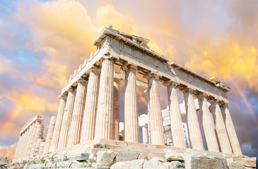 Obraz premium Parthenon temple over sunset sky background, Acropolis hill, Athens Greece