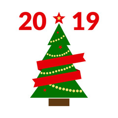 Colored festive card with christmas tree and red ribbon with inscription 2019. Vector illustration