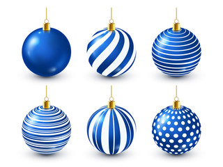 Christmas Tree Shiny Blue Balls Set. New Year Decoration. Winter Season. December Holidays. Greeting Gift Card Or Banner Element.