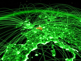 Belgium on green planet Earth with international network representing communication, travel and connections.