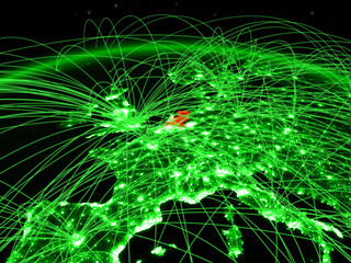 Netherlands on green planet Earth with international network representing communication, travel and connections.