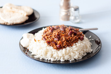 A plate of home-made chilli con carne with white long grain rice