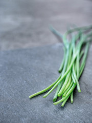 Fresh chives (allium schoenoprasum) om dark grey table. Horizontal shot with copy space.