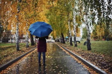 beautiful girl in a Burgundy coat with an umbrella on the background of yellow trees in cloudy weather.