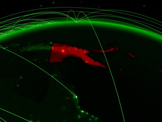Papua New Guinea on green planet Earth with international network representing communication, travel and connections.