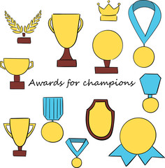 Set of cups for winners and others sport trophy. Reward and trophy for championship. Vector illustration