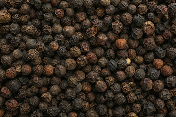Black pepper corns as background. Natural spice