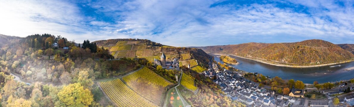 Aerial view of Stahleck Castle, Bacharach, Upper Middle Rhine Valley, Rhineland-Palatinate, Germany