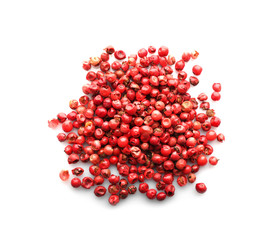 Heap of red peppercorns on white background, top view