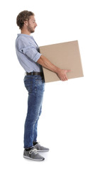 Full length portrait of young man carrying heavy cardboard box on white background. Posture concept