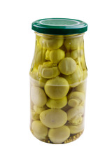 Delicious marinated mushrooms in glass jar isolated on white background