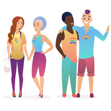 Not traditional gay and lesby young people. Happy gay man and lesbian woman homosexual couples together.