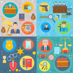 Law and justice square concepts set. Legal services, judge, crime investigation, lawyer flat vector design vector illustrations.