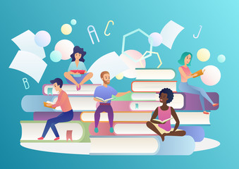 Young people readers sitting on stacks of giant books and reading. Literature, library, knowledge or education trendy gradient vector concept.