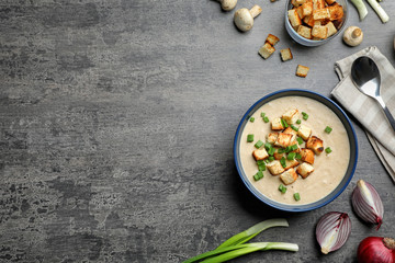 Flat lay composition with bowl of fresh homemade mushroom soup and space for text on gray background