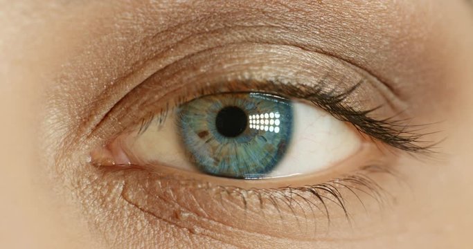close up macro blue eye opening beautiful iris natural human beauty healthy eyesight concept