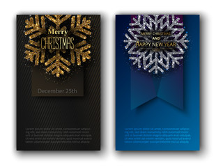 Merry Christmas and Happy New Year shiny greeting cards with snowflake.