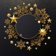 Christmas and New Year round shiny card with golden snowflakes and stars.