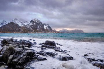 Rocky coast of fjord in Norway