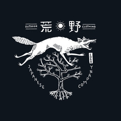 Japanese wolf with hieroglyphs word means wilderness. Asian animal in vintage style. Poster or print template for design. Hand drawn. Engraved sketch. vector illustration. © artbalitskiy