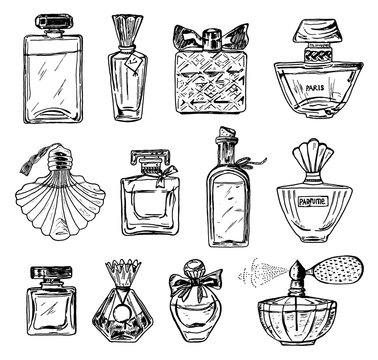 Set of Women's perfume in a bottle. Beautiful fashionable glass accessory. Hand Drawn Sketch. Vintage style.