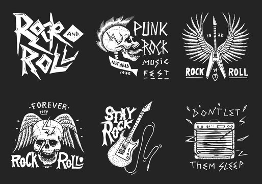 Set of Rock and Roll music symbols with Guitar, Wings and Skull. labels, logos. Heavy metal templates for design t-shirt, night party and festival. Hand drawn. Engraved sketch.