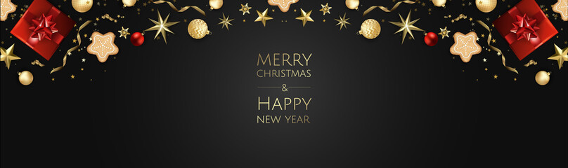 Fototapeta na wymiar Banner with Christmas balls and stars. Great for New year party posters, headers.