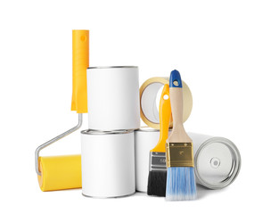 Set of painting tools on white background. Mockup for design