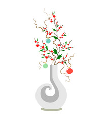 Figured vase with the decor of a sprig of holly and Christmas balls for Christmas and New Year holidays on a white background. Flat style illustration