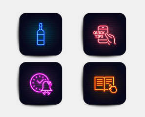 Neon set of Alarm bell, Brandy bottle and Education icons. Read instruction sign. Time, Whiskey, Quick tips. Opened book. Neon icons. Glowing light banners. Vector