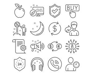 Set of 24 hours, Discount and Headphones icons. Technical documentation, Usd exchange and Sale megaphone signs. Buying, Currency exchange and Time management symbols. Sale vector