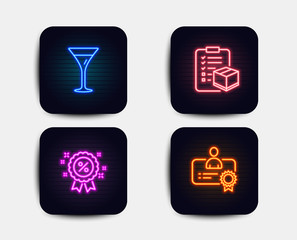 Neon set of Discount, Martini glass and Parcel checklist icons. Certificate sign. Sale shopping, Wine, Logistics check. Best employee. Neon discount icons. Glowing light banners. Vector