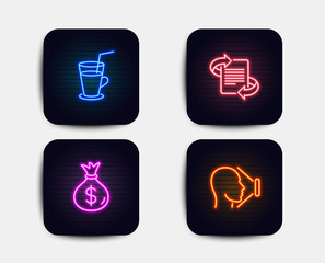 Neon set of Marketing, Cocktail and Money bag icons. Face id sign. Article, Fresh beverage, Usd currency. Identification system. Neon icons. Glowing light banners. Vector