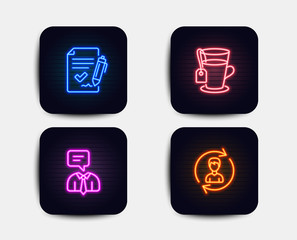 Neon set of Approved agreement, Support service and Tea icons. Human resources sign. Signature document, Human talking, Glass mug. Update profile. Neon icons. Glowing light banners