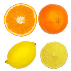 Citrus fruit. Orange, lemon. whole fruits and slices isolated on white background