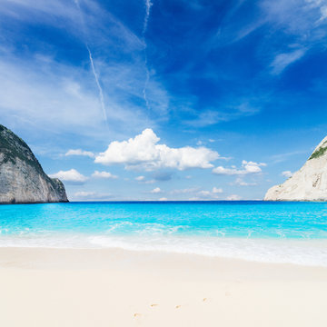Navagio Shipwreak white sand beach ans white cliffs of Zakinthos island, Greece