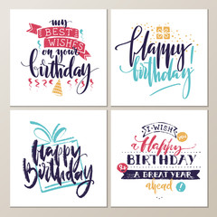 Naklejka premium Birthday cards. Various words about birthday on white background. Holiday design for cards, invitations and banners.