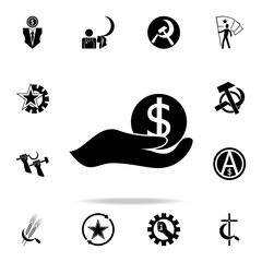 hand holds a coin icon. Detailed set of communism and socialism icons. Premium graphic design. One of the collection icons for websites, web design, mobile app