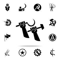 Hands holding a sickle and a hammer icon. Detailed set of communism and socialism icons. Premium graphic design. One of the collection icons for websites, web design, mobile app