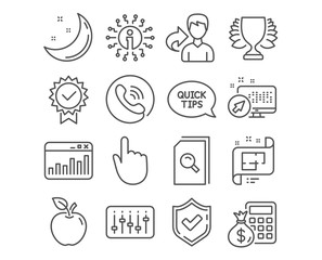 Set of Search files, Architectural plan and Finance calculator icons. Quickstart guide, Dj controller and Winner signs. Marketing statistics, Certificate and Hand click symbols. Search vector