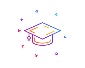 Graduation cap line icon. Education sign. Student hat symbol. Gradient line button. Graduation cap icon design. Colorful geometric shapes. Vector