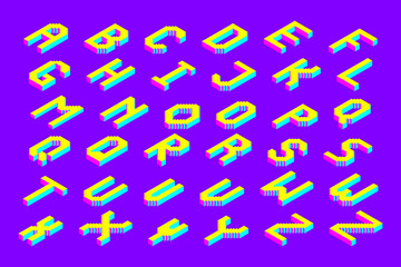 bold colorful isometric pixel 3d font. modern bright uppercase geometric alphabet letters set. stock vector illustration clipart